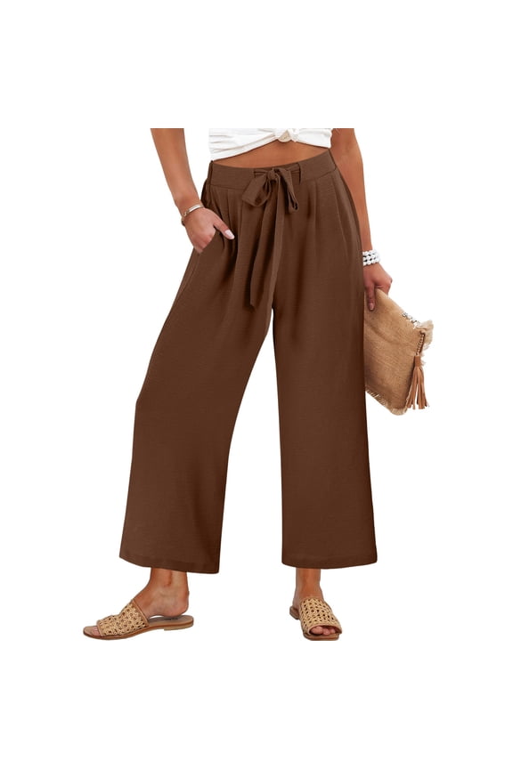 Womens Wide Leg Palazzo Pants Cropped High Waisted 2026 Summer Casual Loose Lounge Flowy Travel Work Business Trousers Coffee M
