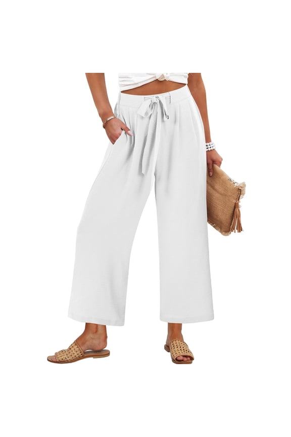 Womens Wide Leg Palazzo Pants Cropped High Waisted 2026 Summer Casual Loose Lounge Flowy Travel Work Business Trousers White M