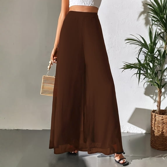 Lumtrix Womens Wide Leg Palazzo Pants Summer High Waist Flowy Casual Trousers Loose Lounge Beach Travel Vacation Clothes Chiffon Pants ABrown S