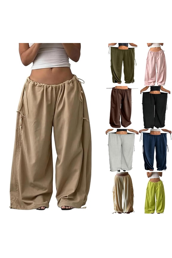Womens Wide Leg Pants Drawstring Y2K High Waisted Ruched Baggy Comfy Casual Vacation Pants Streetwear Yellow L