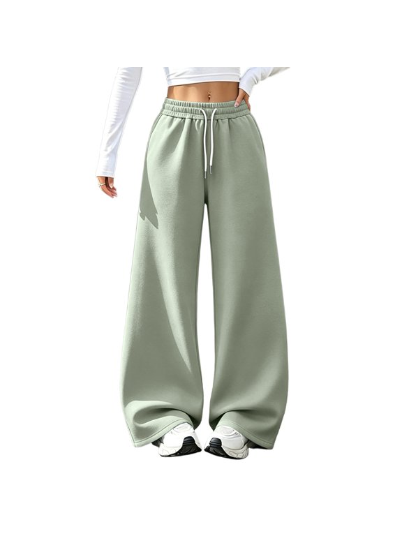 Womens Wide Leg Sweatpants Baggy Casual Fall Winter Drawstring Wide Leg Pants Travel Track Pants with Pockets Mint Green S