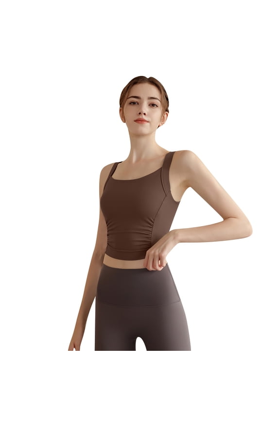 Womens Wide Strap Sport Bras Longline Workout Crop Tank Tops Wirefree Yoga Gym Bralette Brown 40