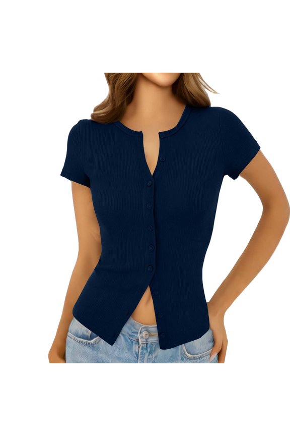 Womens Y2k Tops Button Down Short Sleeve Shirts Lightweight Summer Cardigans Slim Fit Ribbed Blouse Navy 2XL