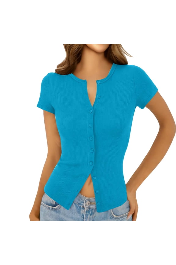 Womens Y2k Tops Button Down Short Sleeve Shirts Lightweight Summer Cardigans Slim Fit Ribbed Blouse Sky Blue M