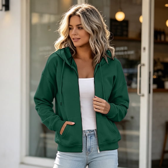 Lumtrix Womens Zip Up Hoodie Casual Fall Fashion Zipper Sweatshirts,Cozy Cropped Jacket With Pockets For Workout Athletic Travel Dark Green 2XL