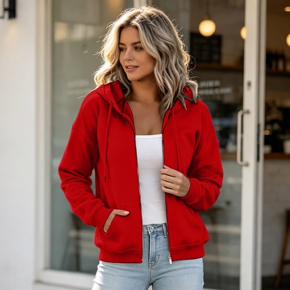 Lumtrix Womens Zip Up Hoodie Casual Fall Fashion Zipper Sweatshirts,Cozy Cropped Jacket With Pockets For Workout Athletic Travel Red L