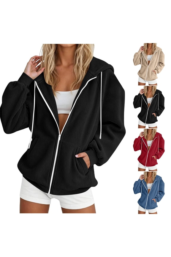 Womens Zip Up Hoodies Lightweight Oversized Corduroy Jackets Fall Winter Casual Long Sleeve Sweatshirts with Pockets Light Blue S