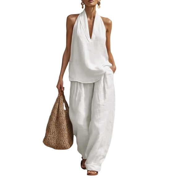 Lumtrix Workout Sets For Women Linen V-Neck Sleeveless Halter Top And Wide-Leg Pants 2 Piece Sets Summer Linen Matching Lounge Set White S