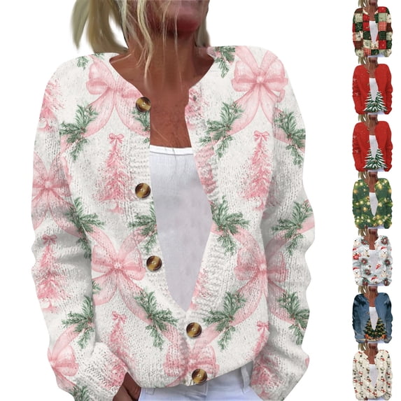 Lumtrix Xmas Knit Cardigan Sweater for Women Festive Print Long Sleeve Button Up Sweater Winter Holiday Christmas Party Crew Neck Top Pink 5XL