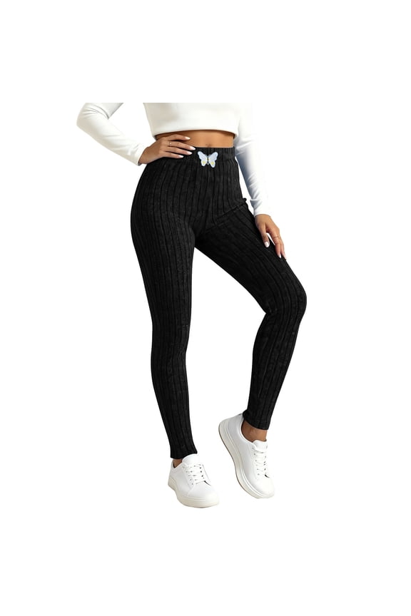 Yoga Ribbed Leggings for Women High Waisted Butt Lifting Workout Gym Athletic Pants Black L