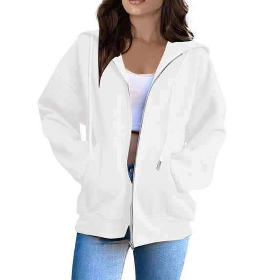 Lumtrix Zip Up Hoodie Women Y2k Oversized Sweatshirt Casual Long Sleeve Jackets Light Weight Fall Winter Fashion Hoodies with Pockets White M