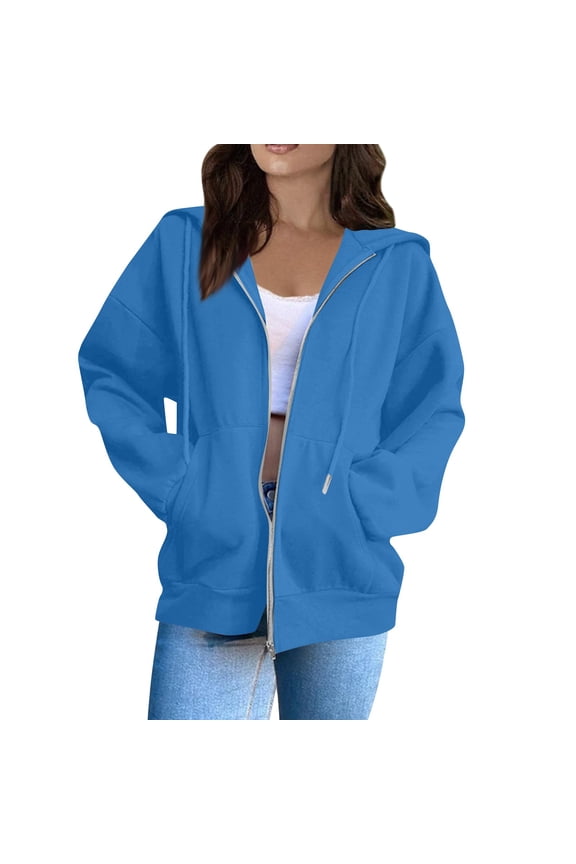 Zipper Hoodies for Women Oversized Fall Fashion 2025 Casual Winter Jackets Trendy Hooded Zip up Sweatshirt Clothes Blue 2XL