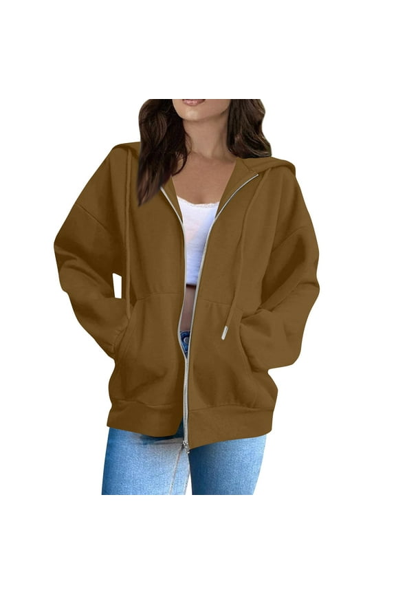Zipper Hoodies for Women Oversized Fall Fashion 2025 Casual Winter Jackets Trendy Hooded Zip up Sweatshirt Clothes Brown 3XL