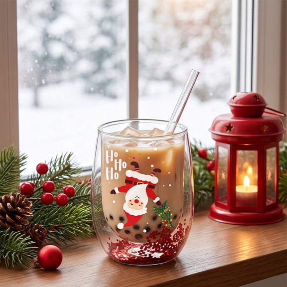 Lumulena Christmas Double Wall Glass Cup with Sealed Sequins and Festive Prints, Insulated Egg Shaped Tumbler for Coffee, Iced Drinks and Holiday Party Tables Through The Whole Winter Holiday Season