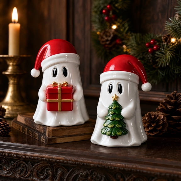 Lumulena Christmas Ghost Figurine with Santa Hat, Cute Resin Tabletop Ornament Holding Gift Box, Festive Indoor Xmas Home Decor for Mantel Shelf, Halloween and Christmas Decoration Focus
