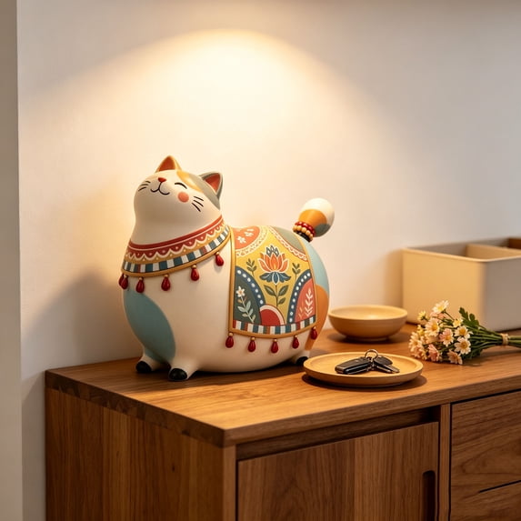 Lumulena Hand-Painted Resin Cat Figurine, Boho Folk Art Cat Statue with Tassel, Multicolor Decorative Ornament for Shelf Mantel and Desk, Handmade Painted Art Pattern Decorative Ornaments