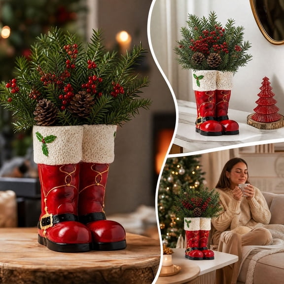Lumulena Resin Christmas Santa Boot Vase - Durable Christmas Boot Planter for Seasonal Stems, Novelty Christmas Themed Boot Planter, Holiday Table Decor, Classic Christmas Decoration Gift