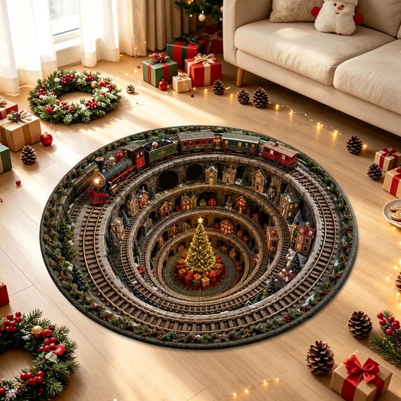 Lumulena Round Christmas Doormat - 3D Visual Effect Entryway Mat Absorbent Non-Slip Fabric Material Flocking Floor Rug, Christmas Themed Floor Mat for Bathroom Kitchen Hallway Decoration