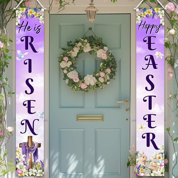 Lumumanber Happy Easter He Is Risen Banner Jesus Religious Easter Door Decorations He Is Risen Porch Signs Easter Banners for Party Church Home