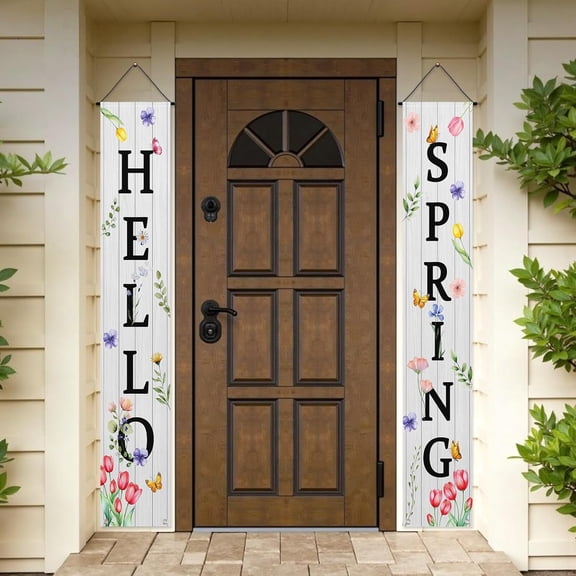 Lumumanber Hello Spring Floral Porch Sign Banner 71x12 Inch Colorful Floral Green Leaves Tulip Banner Front Porch Decorations Spring Vintage Butterfly Wall Hanging for Home Indoor Outdoor Party Decor