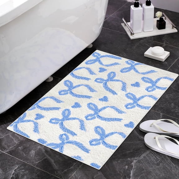 Lumumanber Valentine Heart Bow Bathroom Rug 20 x 32 Inch Blue Bow Bath Mat Non Slip Washable Coquette Preppy Rug Decor for Bathroom Bedroom Accessories Housewarming Gifts