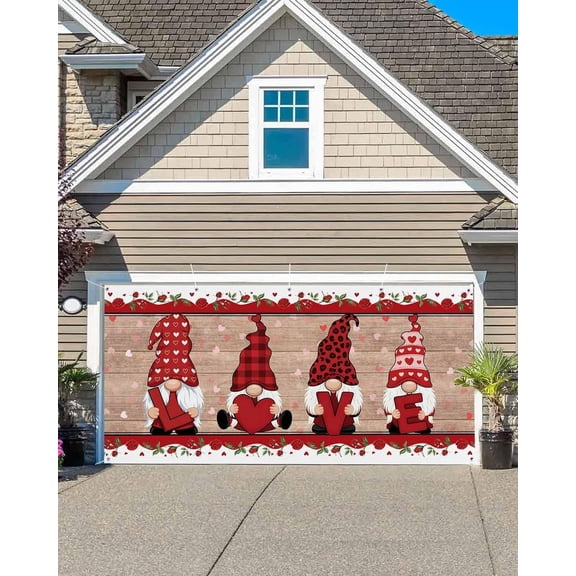 Lumumanber Valentine''s Day Garage Door Banner Cover, Garage Door Decorations, Romantic Roses Love Heart Gnomes Wooden Holiday Garage Door Covers Backdrop for Party Indoor Outdoor Wall Decor 6x13Ft
