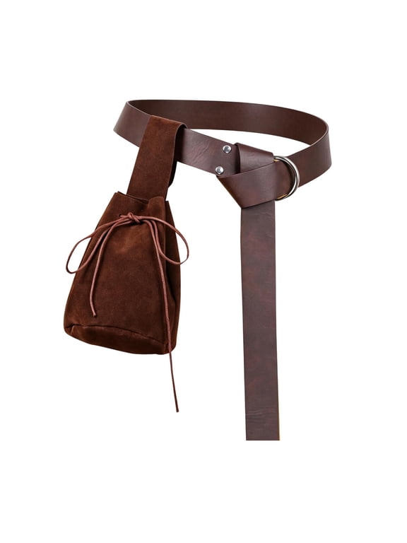 Drawstring Waist Pouch, Leather Vintage Belt Purse, Cosplay Bag for Renaissance Faire,Dark brown