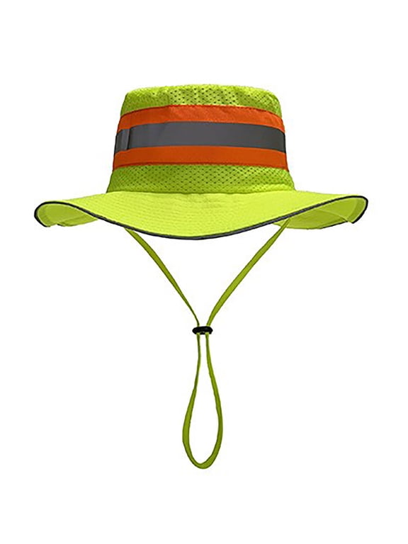 High Visibility Reflective Sun Hat for Outdoor Work Breathable Neon Mesh Boonie Hat with Wide Brim Adjustable Safety Cap for Construction and Hiking,Light Green,One Size