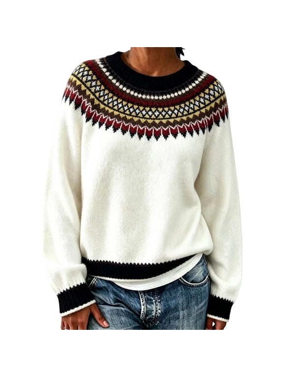 Women's Sweater Geometric Print Toggle Button Crewneck Long Sleeve Knit Casual Fall Winter Top