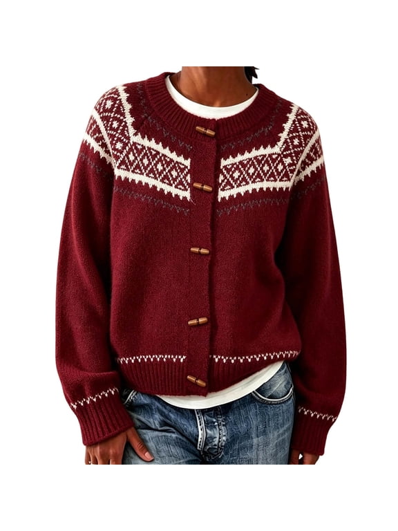 Women's Sweater Geometric Print Toggle Button Crewneck Long Sleeve Knit Casual Fall Winter Top