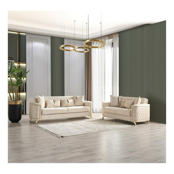 Luna 2 PC Finished in Velvet Fabric made with wood in Ivory Color