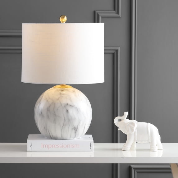JONATHAN Y Luna 21.5" Faux Marble Resin LED Table Lamp, White/Brass Gold, JYL1064A