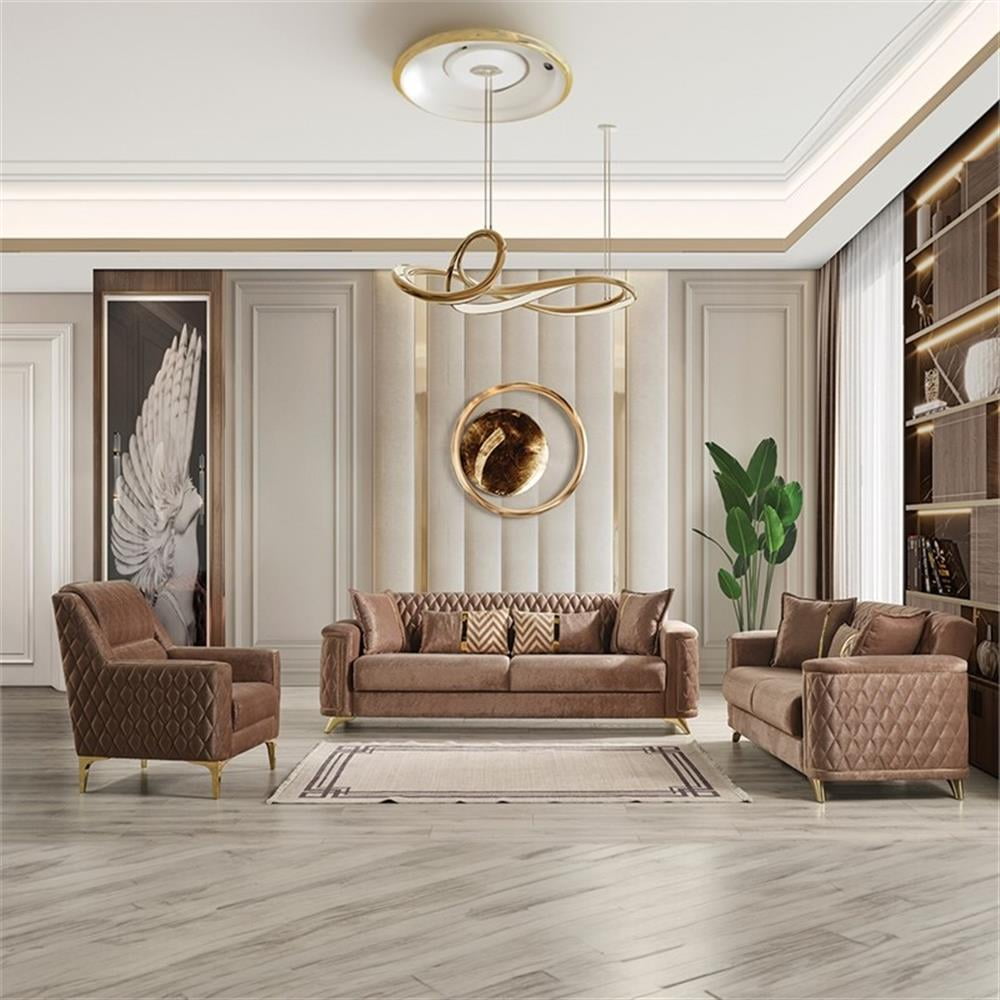 Luna 3-Piece Copper Velvet Living Room Set with Gold Legs