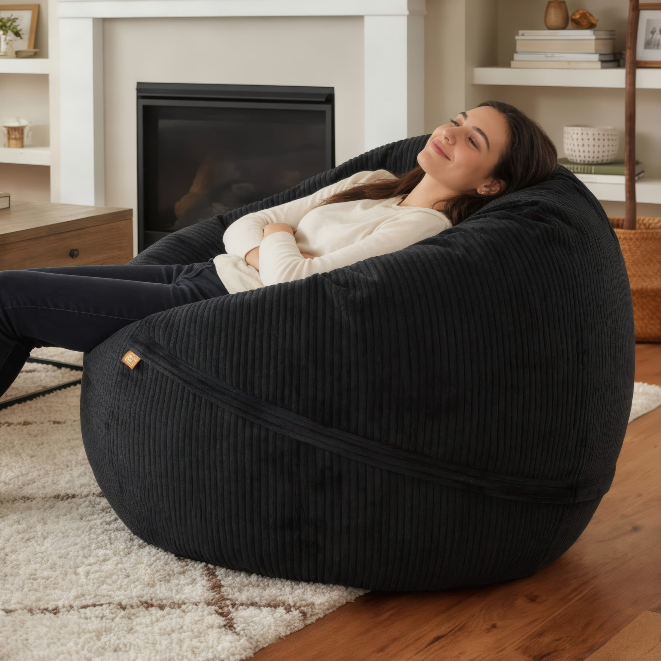 Luna 5 Foot X-Large Bean Bag Chair – Oversized Foam Lounger for Adults & Kids, Plush Corded Faux Fur, Black