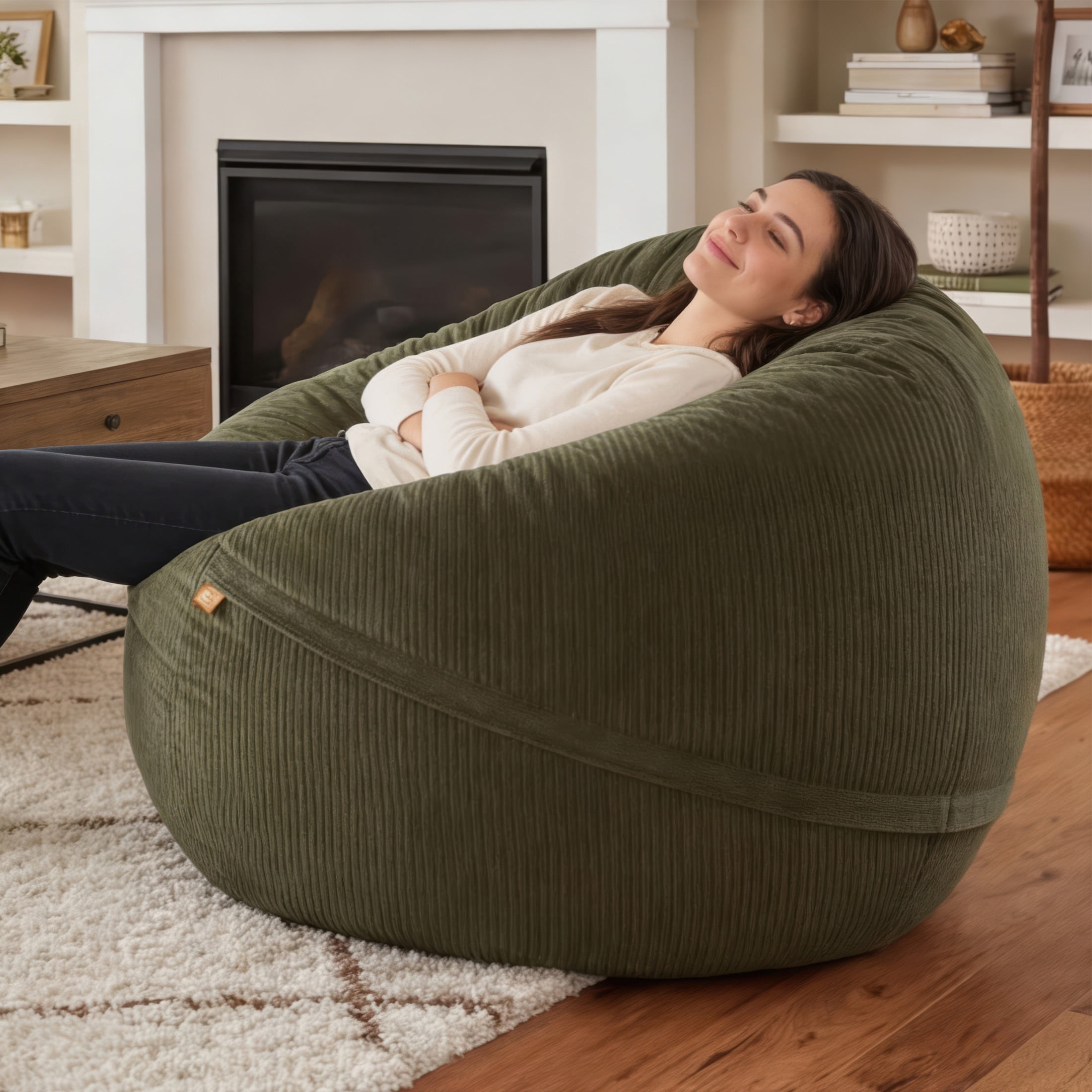 Luna 5 Foot X-Large Bean Bag Chair – Oversized Foam Lounger for Adults & Kids, Plush Corded Faux Fur, Green