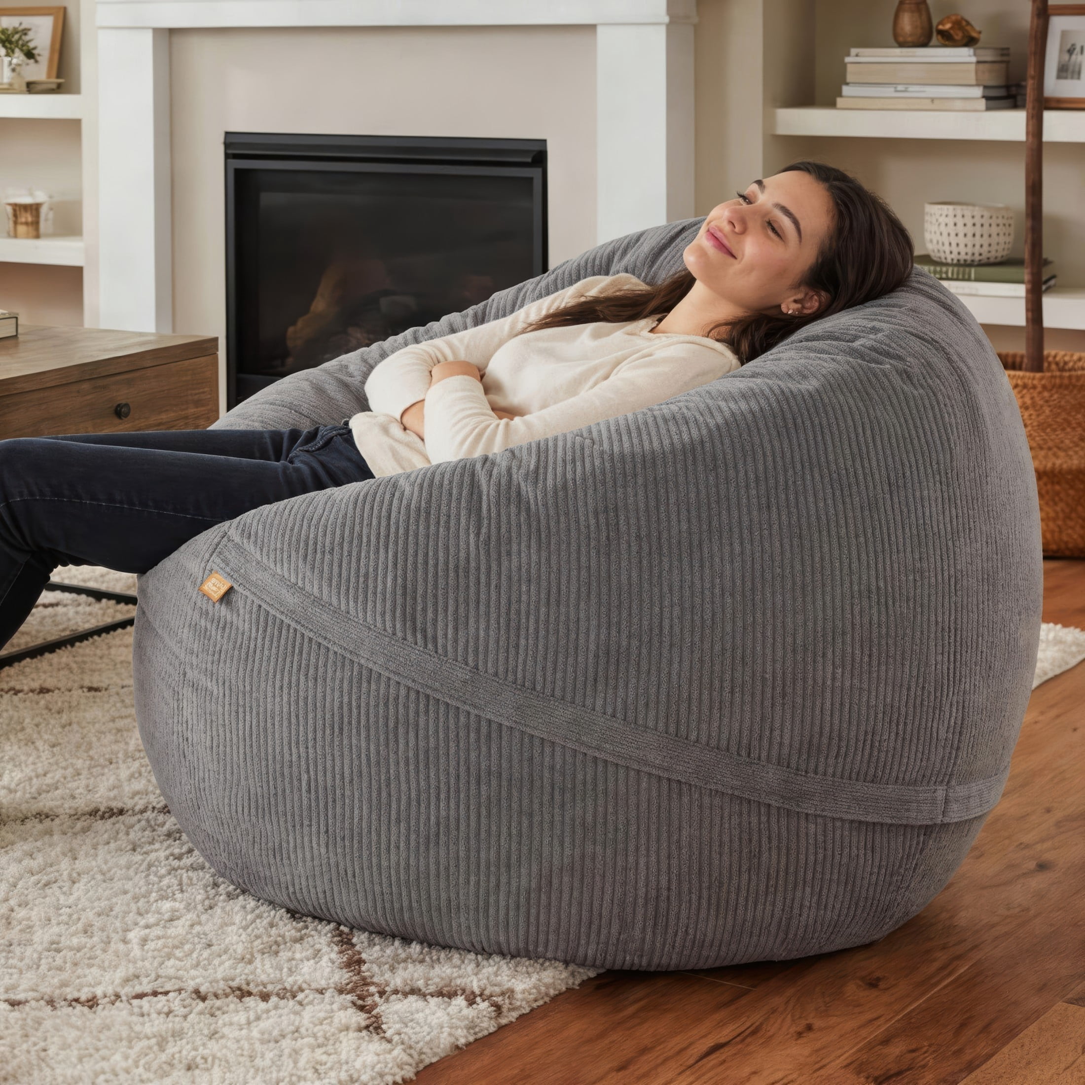 Luna 5 Foot X-Large Bean Bag Chair – Oversized Foam Lounger for Adults & Kids, Plush Corded Faux Fur, Grey