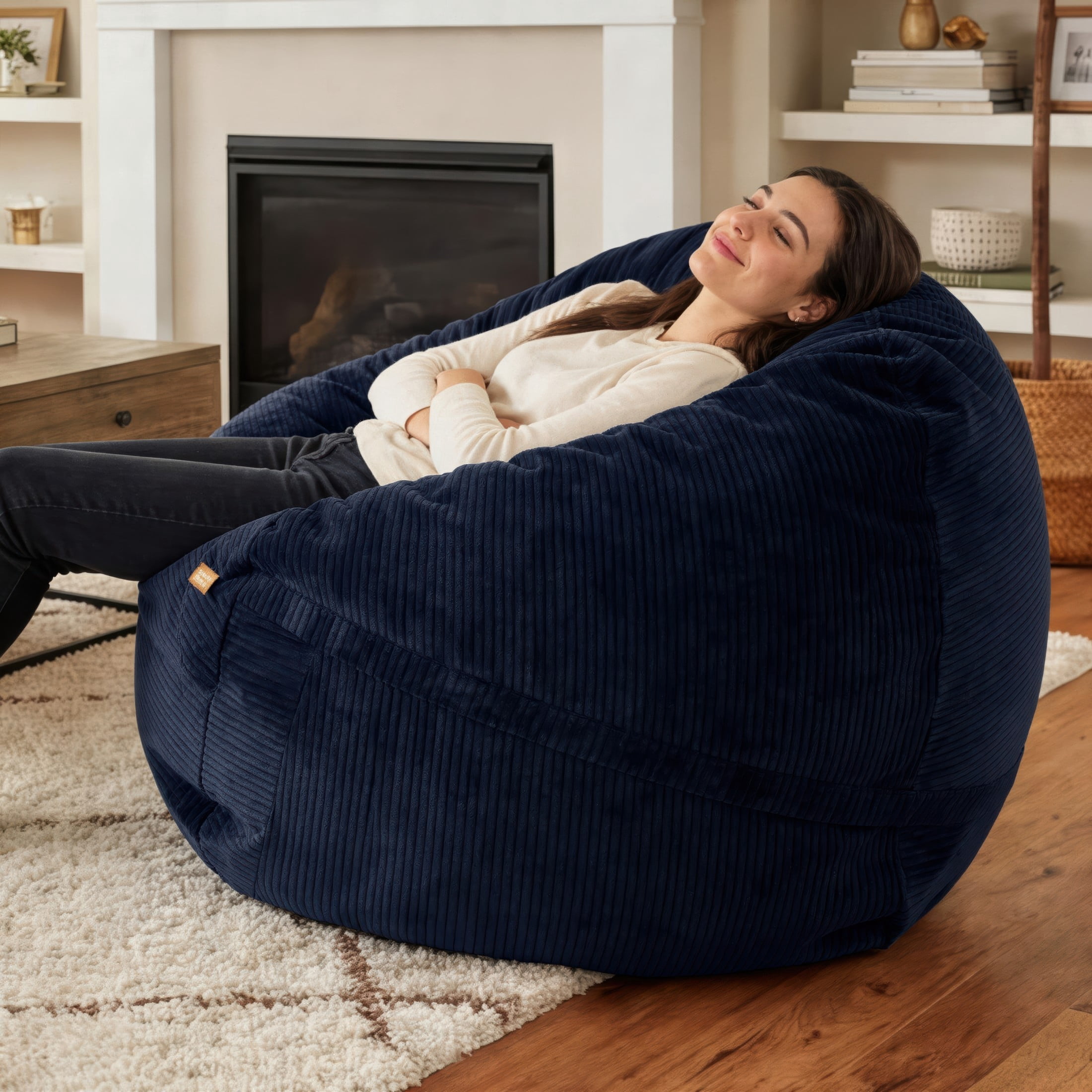 Luna 5 Foot X-Large Bean Bag Chair – Oversized Foam Lounger for Adults & Kids, Plush Corded Faux Fur, Navy Blue