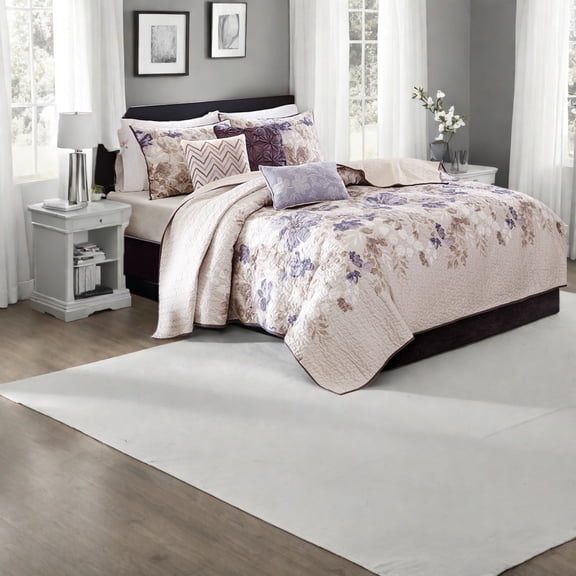 Luna 6 Piece Cotton Bedding Set Reversible Floral Design Taupe for Home Comfort
