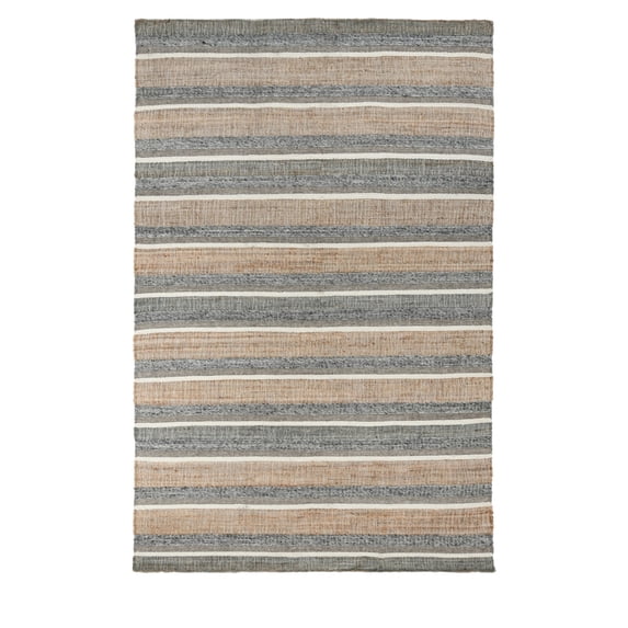 Luna 8 x 10 Area Rug Handwoven Wool Stripes Natural and Gray Jute Cotton- Saltoro Sherpi
