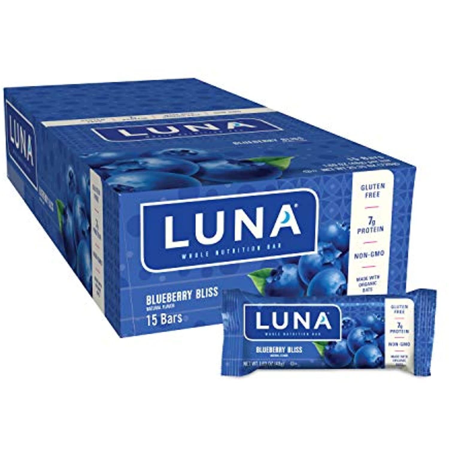 Luna Bar - Gluten Free Snack Bars - Blueberry Bliss Flavor - 7G Of Protein - Non-Gmo - Plant-Based Wholesome Snacking - On The Go Snacks (1.69 Ounce Snack Bars, 15 Count)