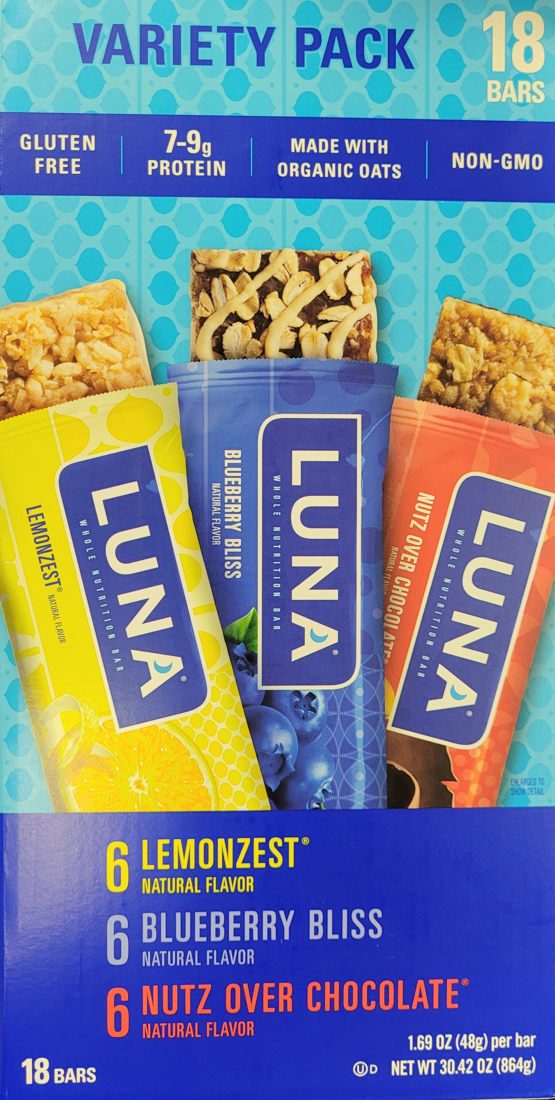 Luna Bar Variety Pack 18 Bars (6Lemonzest/6Blueberry Blisse/6Nutz