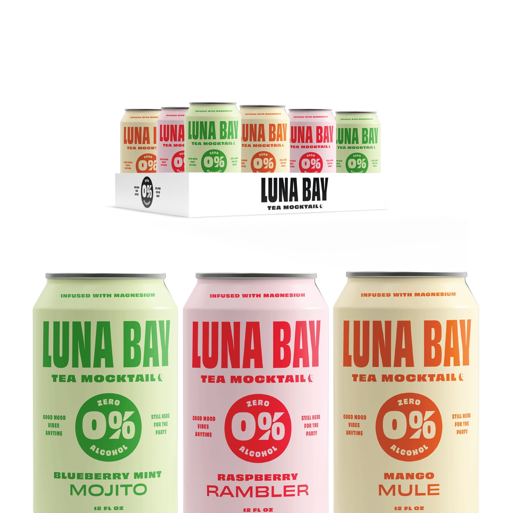 Luna Bay 0% ABV Tea Mocktails Variety Pack - Raspberry Rambler, Mango Mule, Blueberry Mojito (12Pack, 12floz Cans)