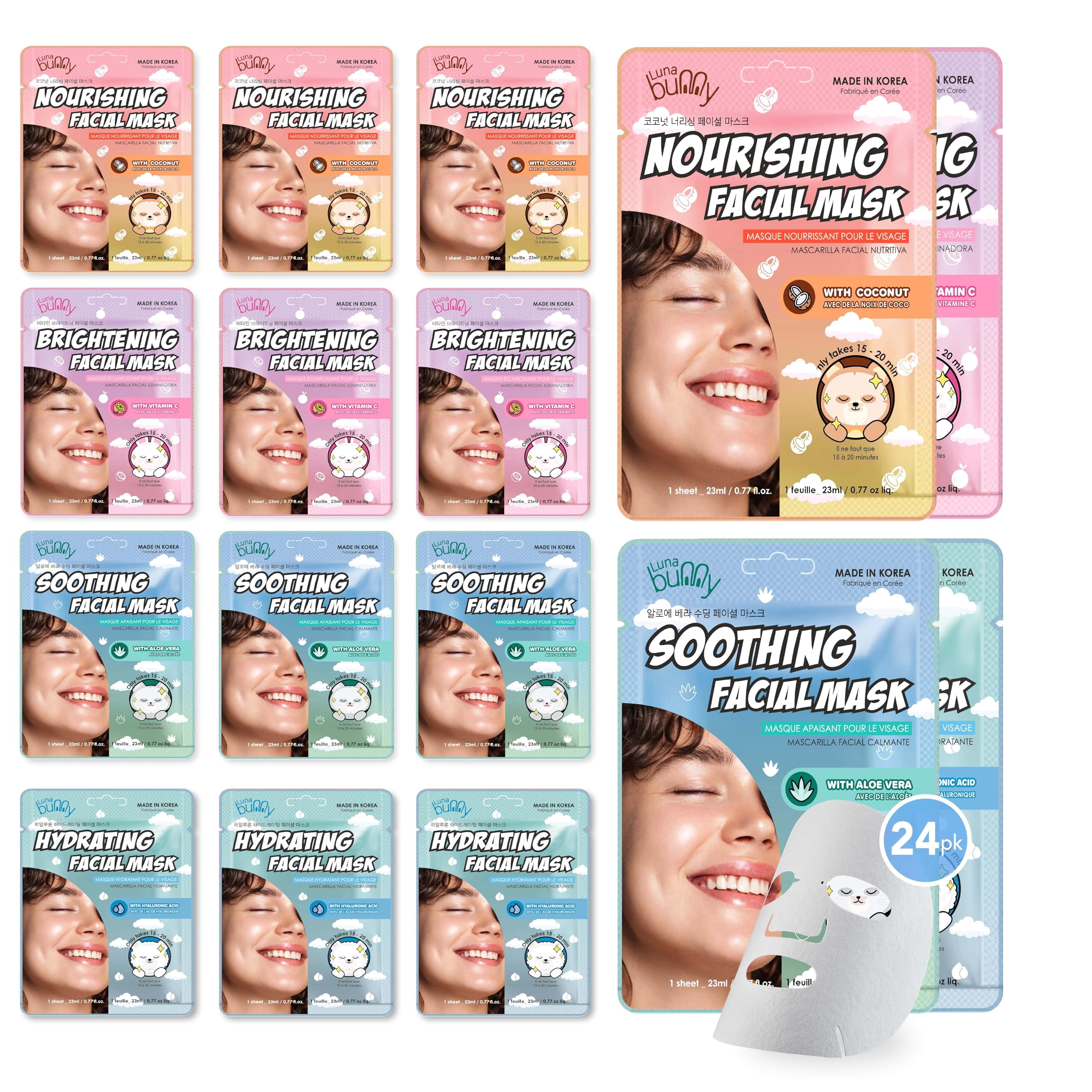 Luna Bunny 24PK Facial Sheet Mask, Brightening, Nourishing & Hydrating Korean Skincare for Self Care, Home Spa with Aloe, Coconut, Vitamin & Hyaluronic (MIX)
