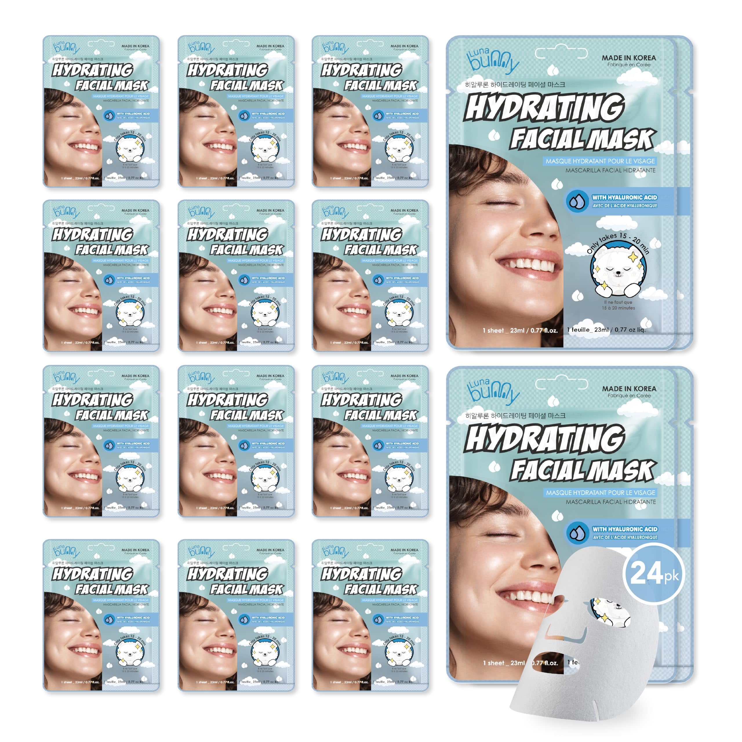 Luna Bunny 24PK Facial Sheet Mask, Korean Skincare Hydrating Face Mask for Self Care, Home Spa with Hyaluronic Acid