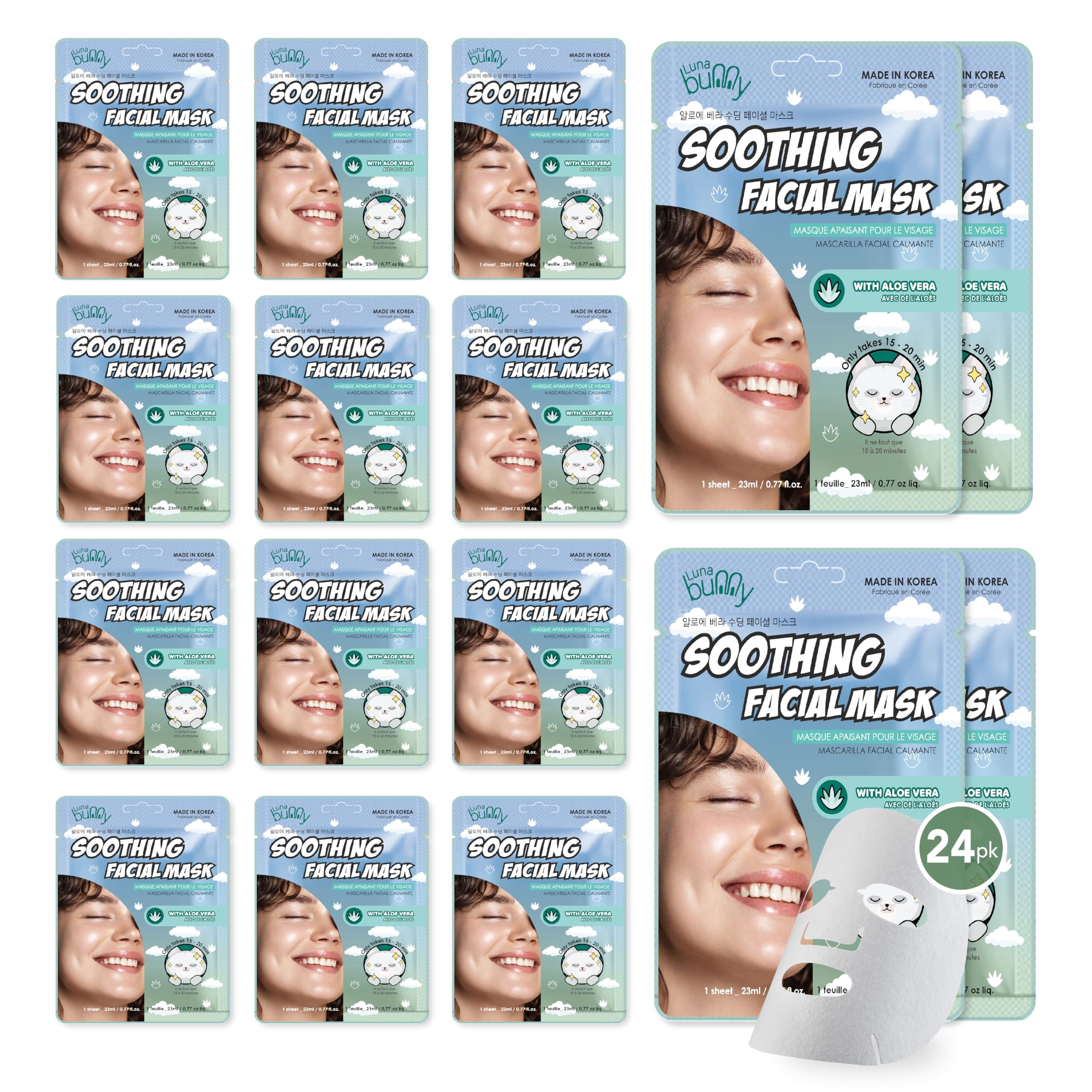 Luna Bunny 24PK Facial Sheet Mask, Korean Skincare Soothing Face Mask for Self Care, Home Spa with Aloe Vera