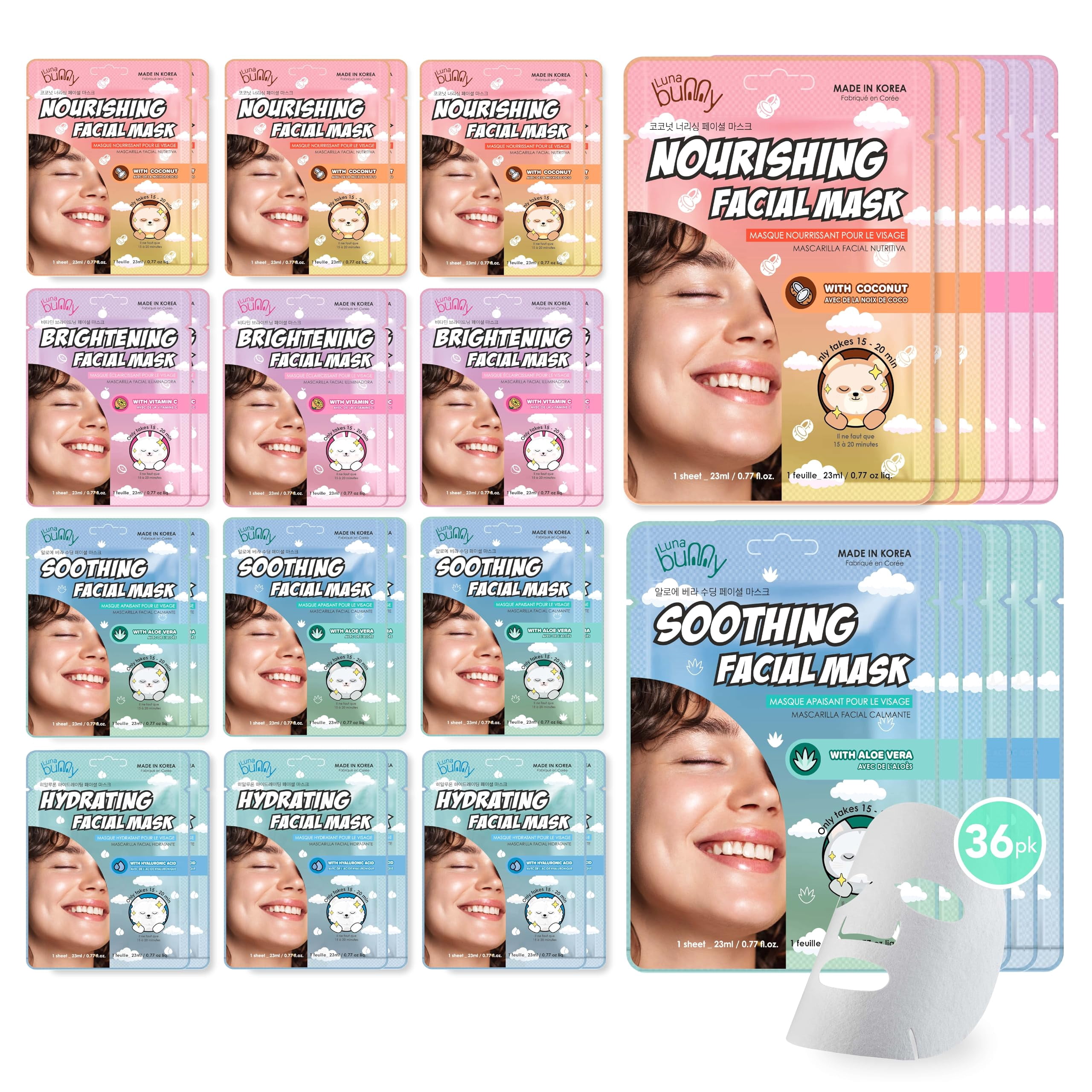 Luna Bunny 36PK Facial Sheet Mask, Brightening, Nourishing & Hydrating Korean Skincare for Self Care, Home Spa with Aloe, Coconut, Vitamin & Hyaluronic (MIX)