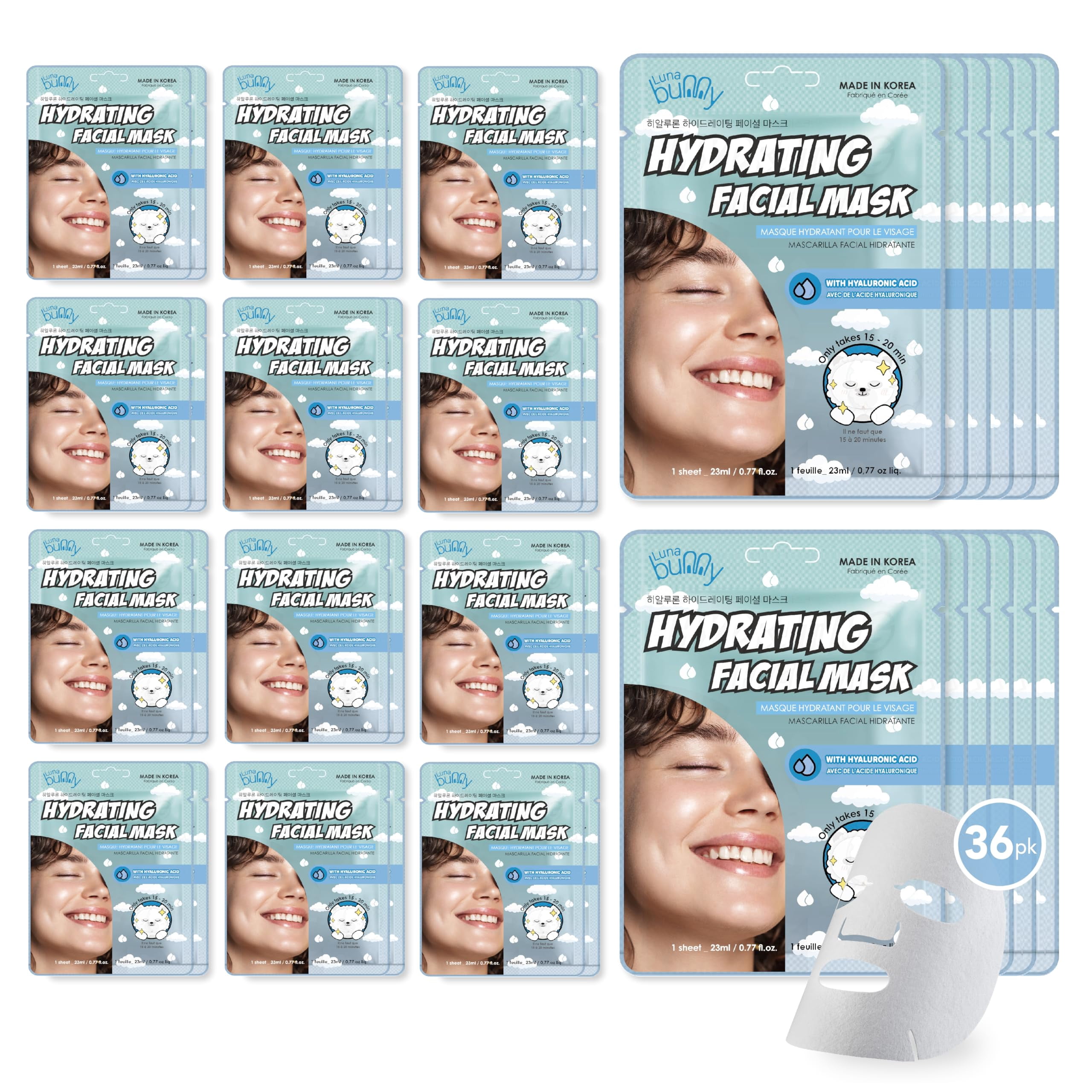 Luna Bunny 36PK Facial Sheet Mask, Korean Skincare Hydrating Face Mask for Self Care, Home Spa with Hyaluronic Acid