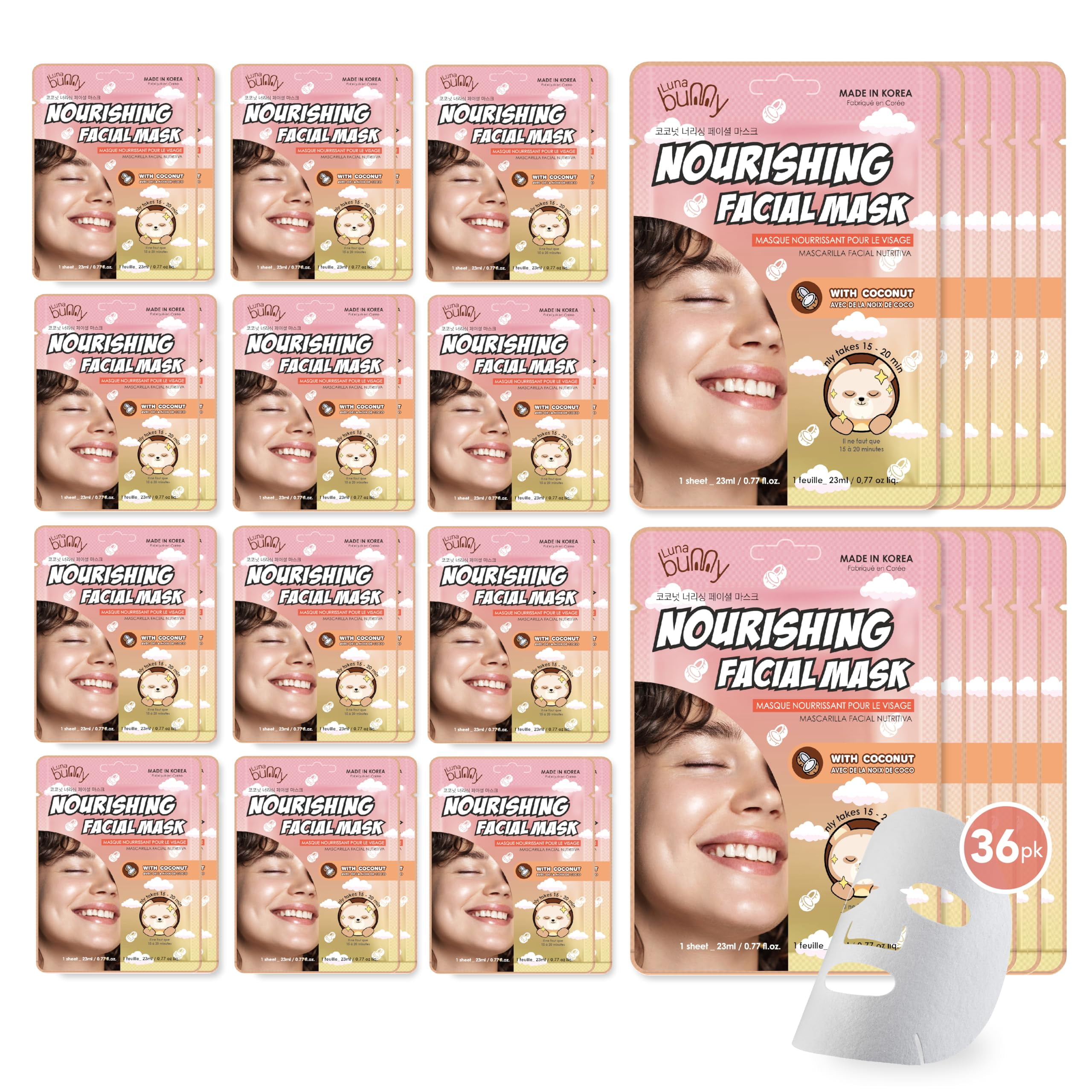 Luna Bunny 36PK Facial Sheet Mask, Korean Skincare Nourishing Face Mask for Self Care, Home Spa with Coconut