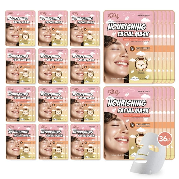Luna Bunny 36PK Facial Sheet Mask, Korean Skincare Nourishing Face Mask for Self Care, Home Spa with Coconut