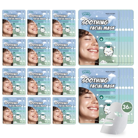 Luna Bunny 36PK Facial Sheet Mask, Korean Skincare Soothing Face Mask for Self Care, Home Spa with Aloe Vera
